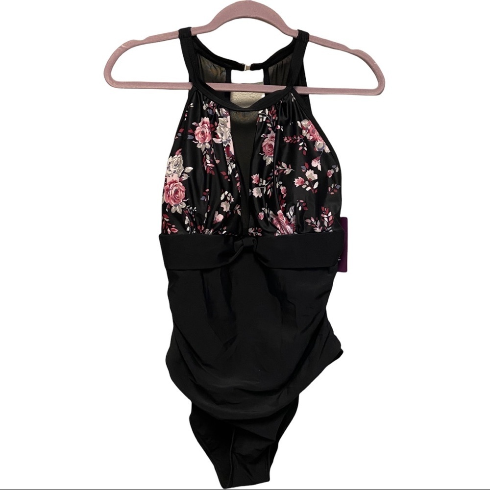 Holipick Black Floral One Piece High Neck Tummy Control Halter Mesh Swimsuit